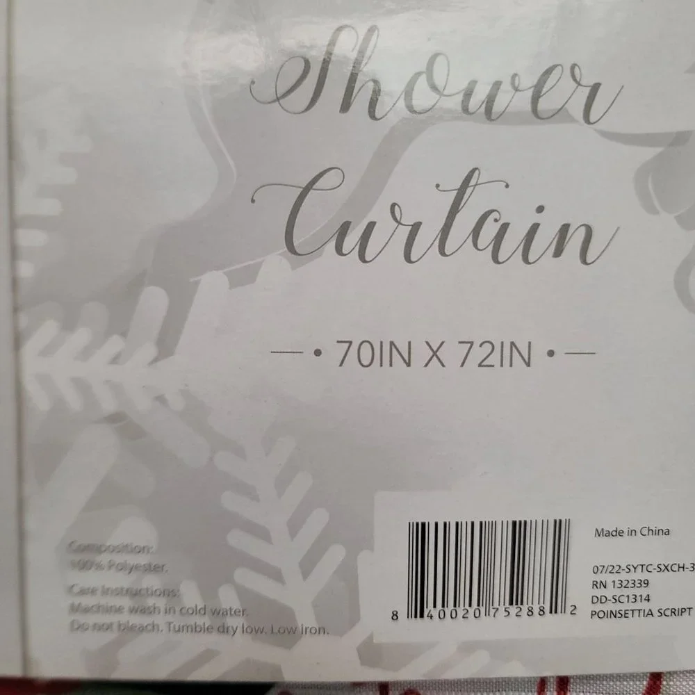 Christmas Shower Curtain Poinsettia's Merry Script Snowflakes Holiday Bathroom